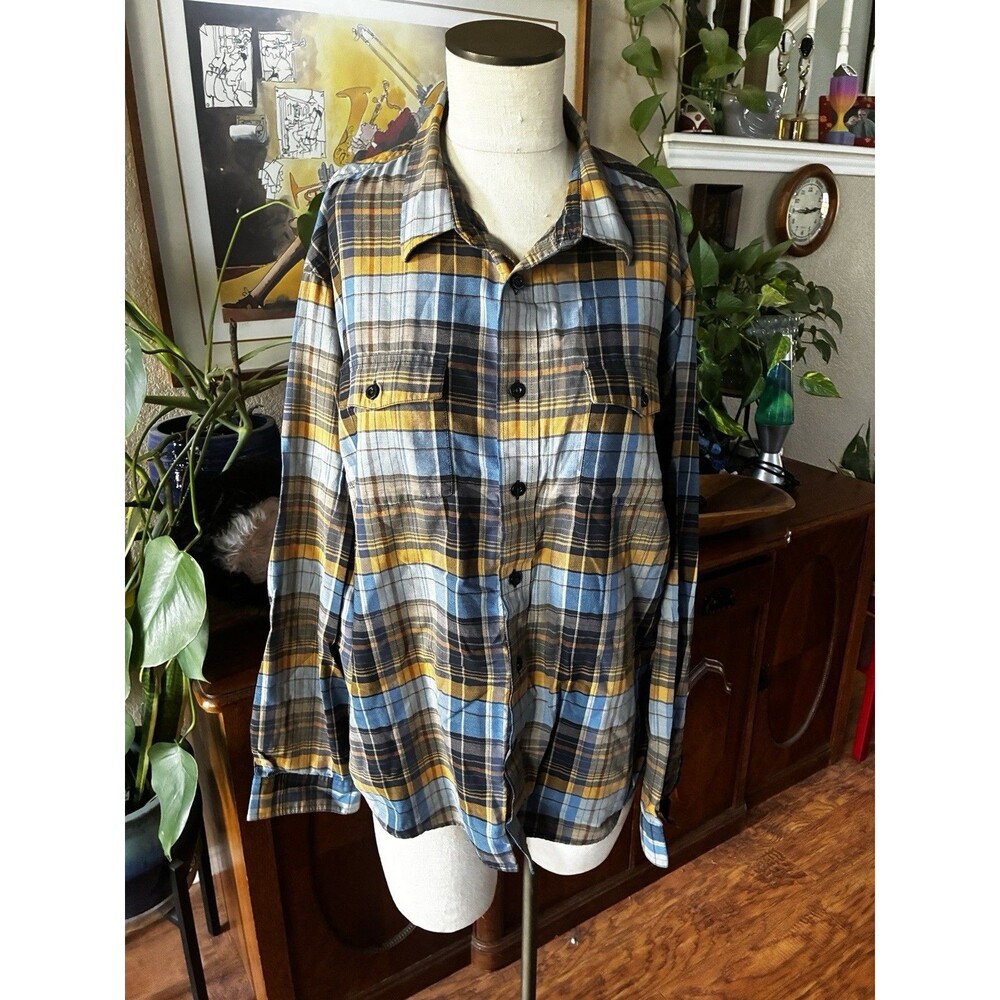 Patagonia Mens Organic Cotton Fjord Flannel Shirt Blue Orange Plaid Large
